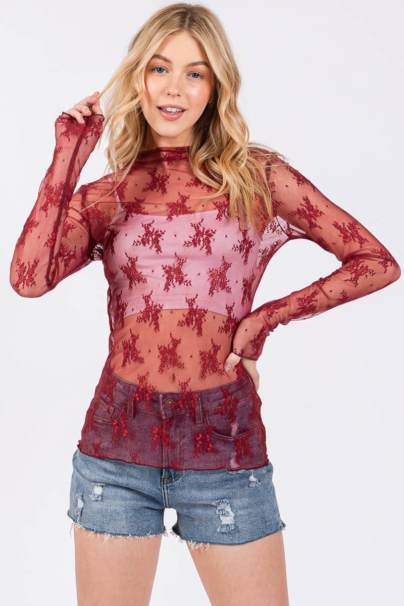 GAME DAY LONG SLEEVE FLORAL LACE TOP