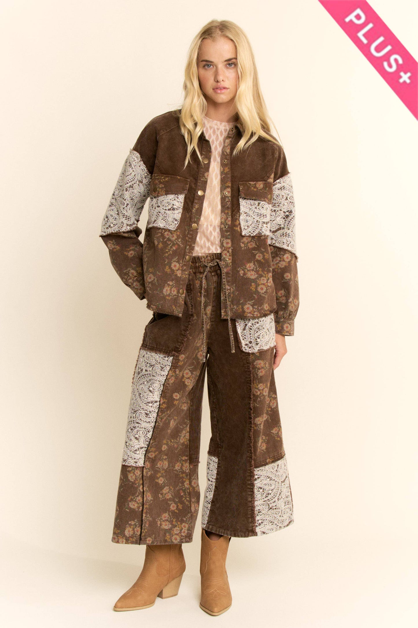 PLUS WASHED CORDUROY AND FLOWER DENIM PANTS