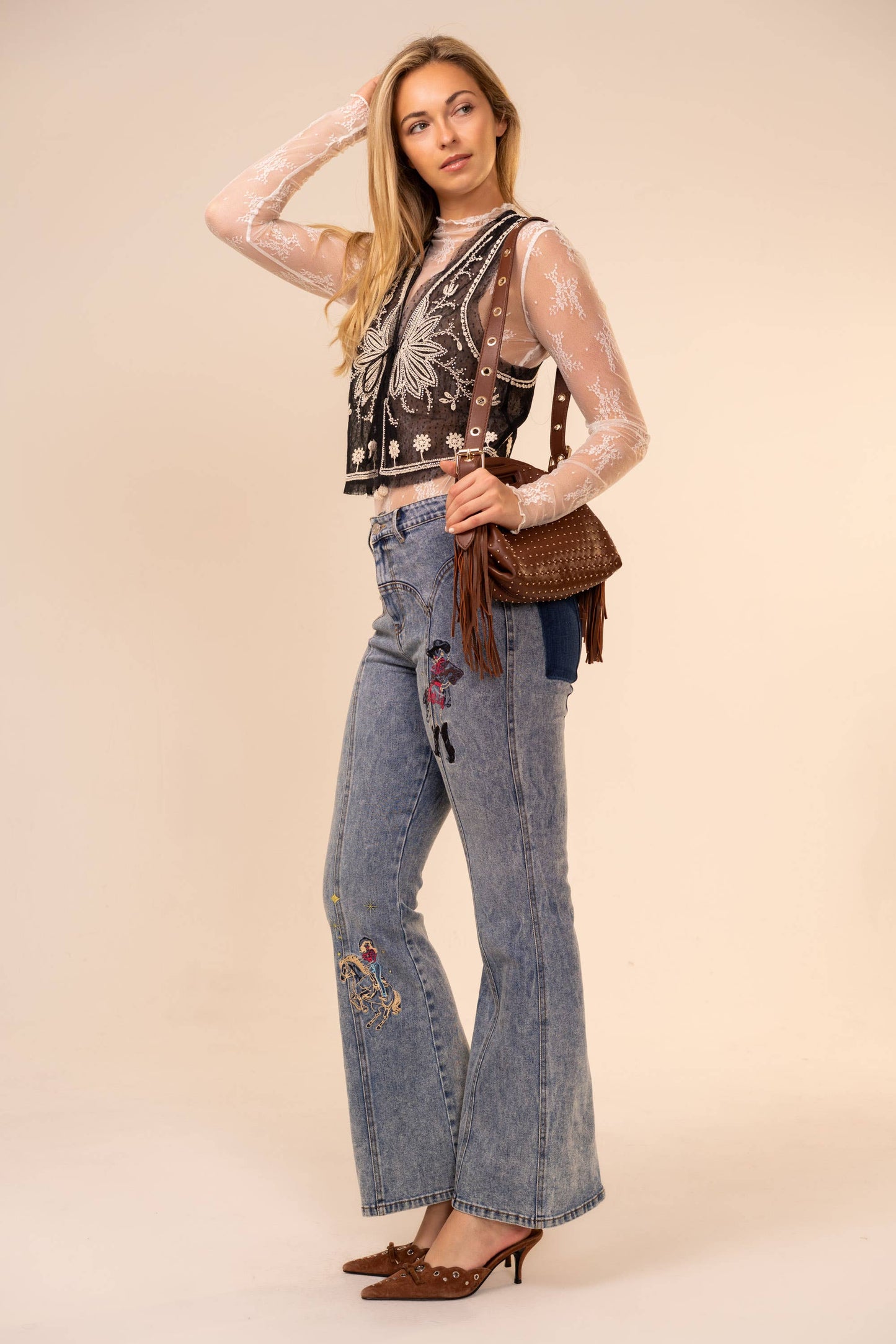 Beaded Tie Front Mesh Vest