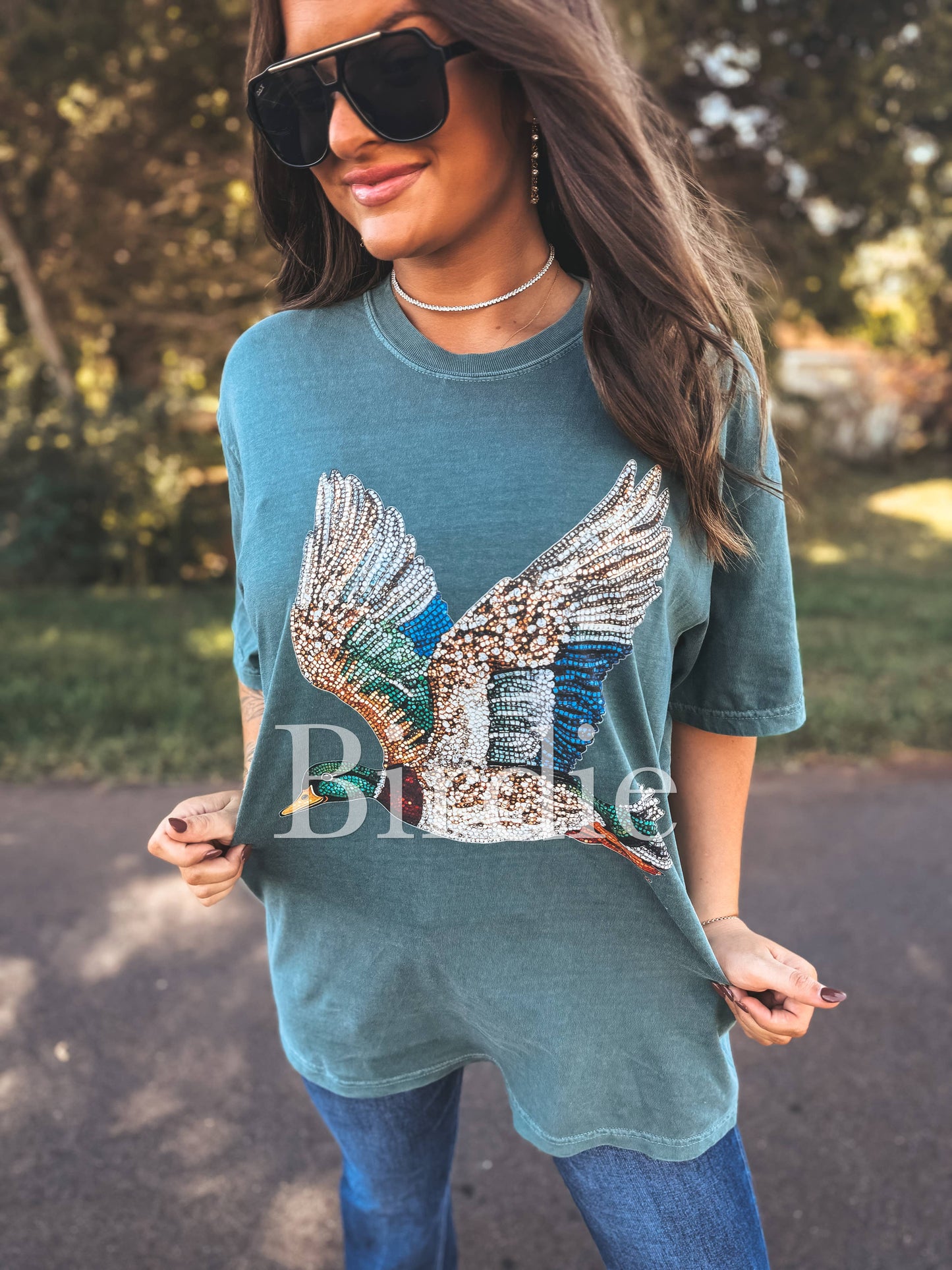 Giulia’s Faux Rhinestone Duck Graphic Tee on Blue Spruce