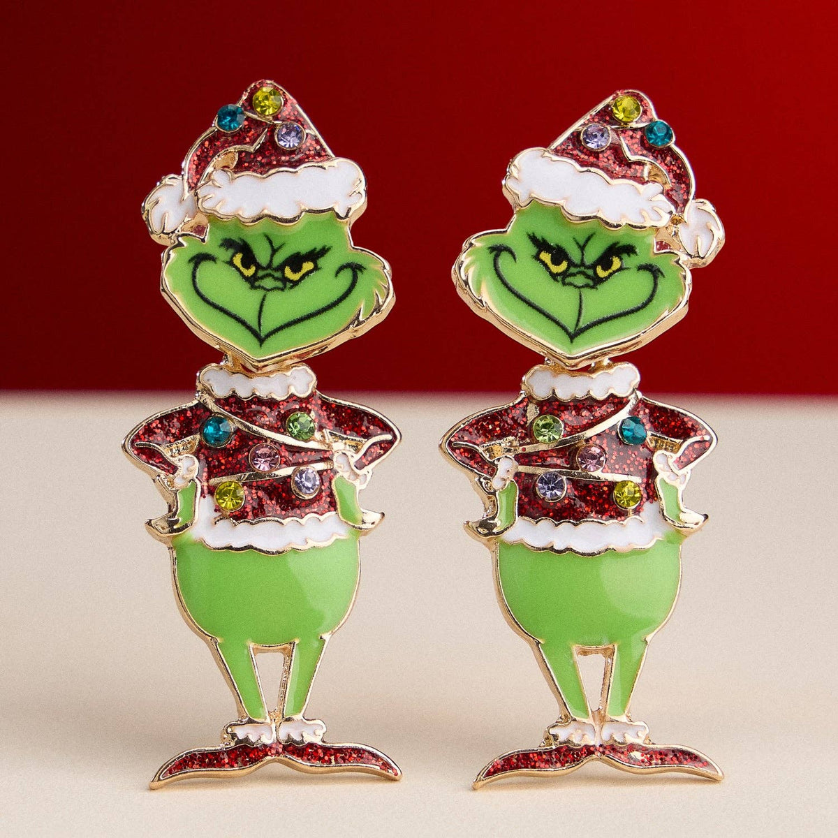 Enamel Green Monster Drop Earrings | Glitter Holiday Character