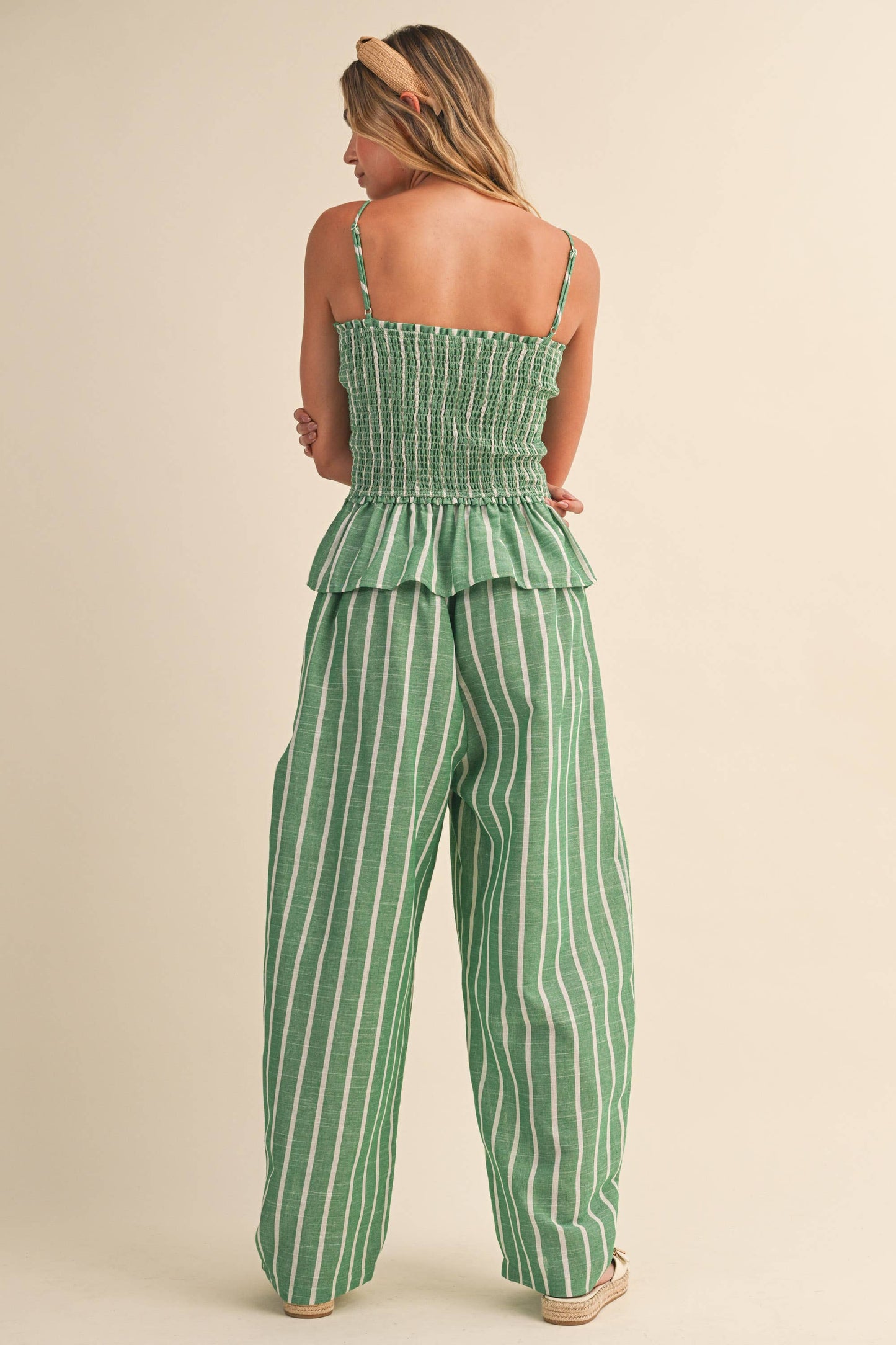 IST6606 STRIPED SMOCKED PEPLUM CAMI TOP AND BARREL PANTS SET