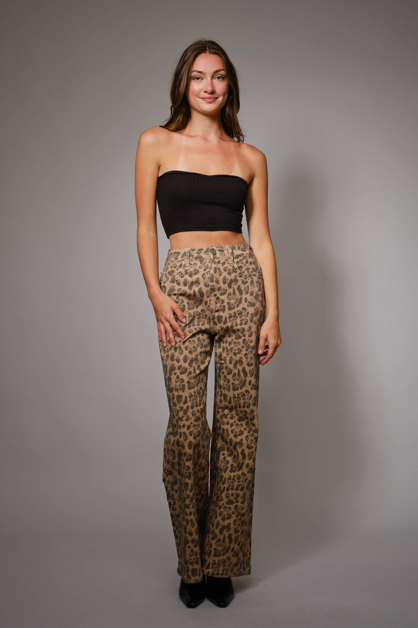 91605P - Washed Leopard Print Stud Pants