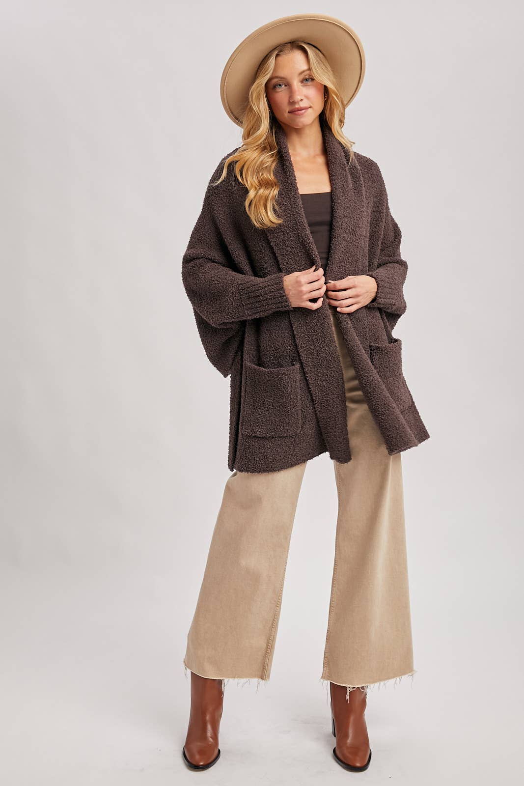 OPEN FRONT BLANKET WRAP BOUCLE KNIT SWEATER CARDIGAN