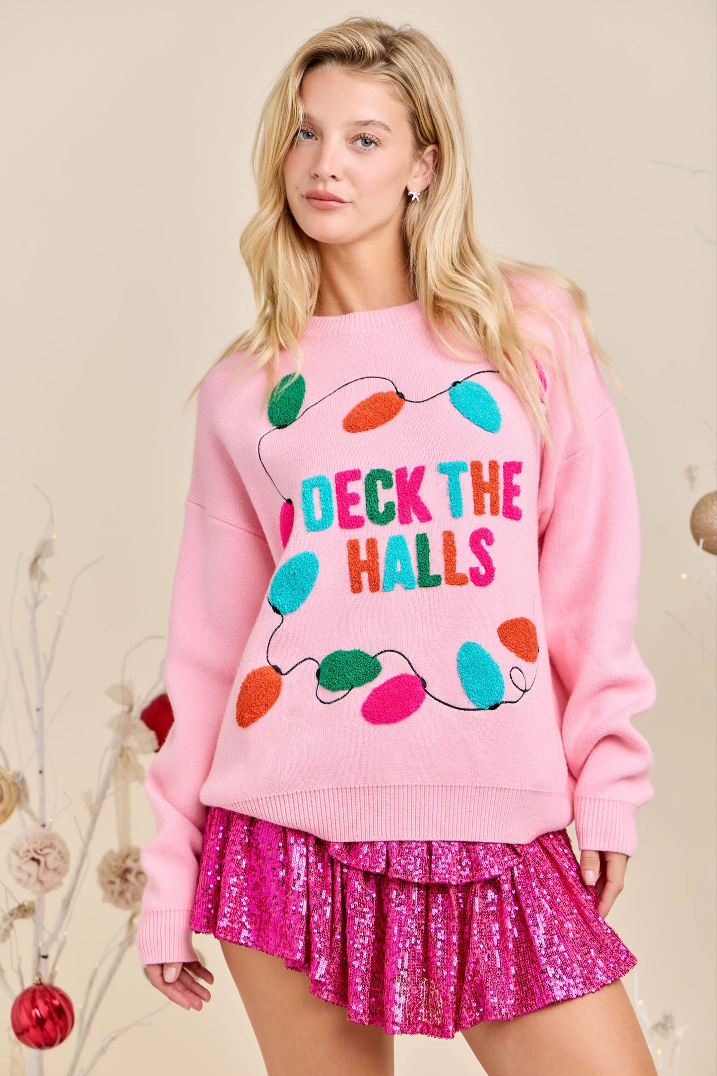 Deck the Halls Pink Christmas Knit Sweater Holiday Pullover