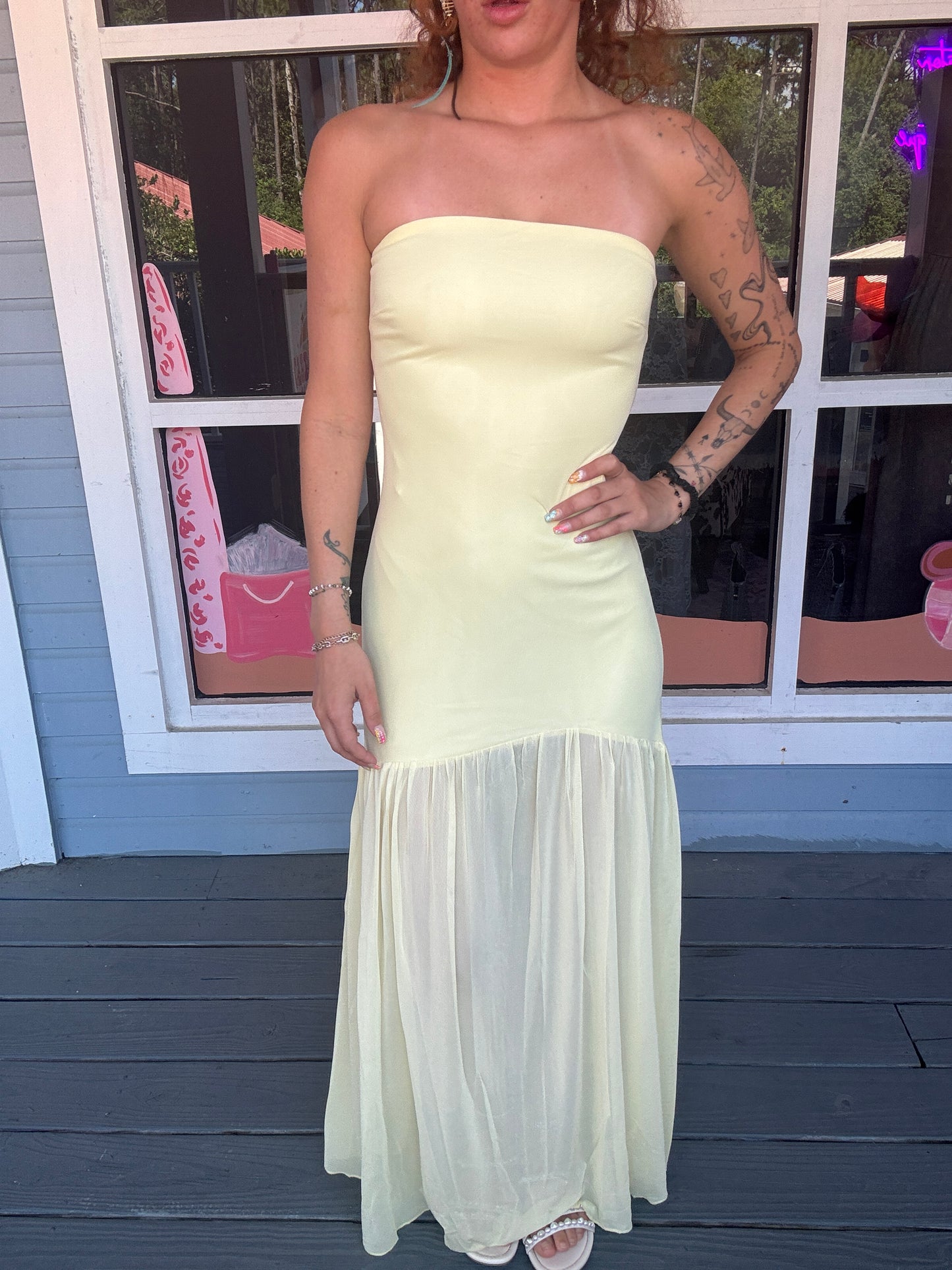 STRAPLESS SHEER MAXI DRESS