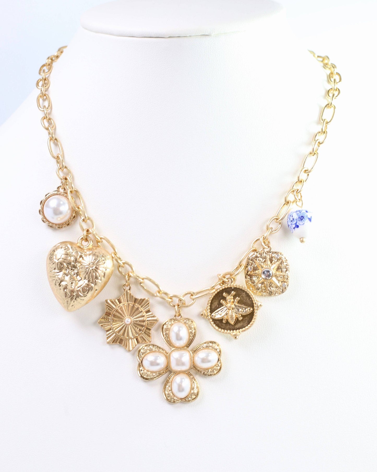 Verona Gold and Pearl  Charm Necklace Worn Gold