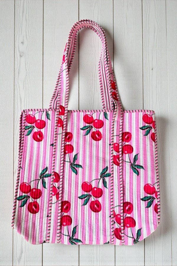 Eliza Pink Striped Cherry Tote Bag