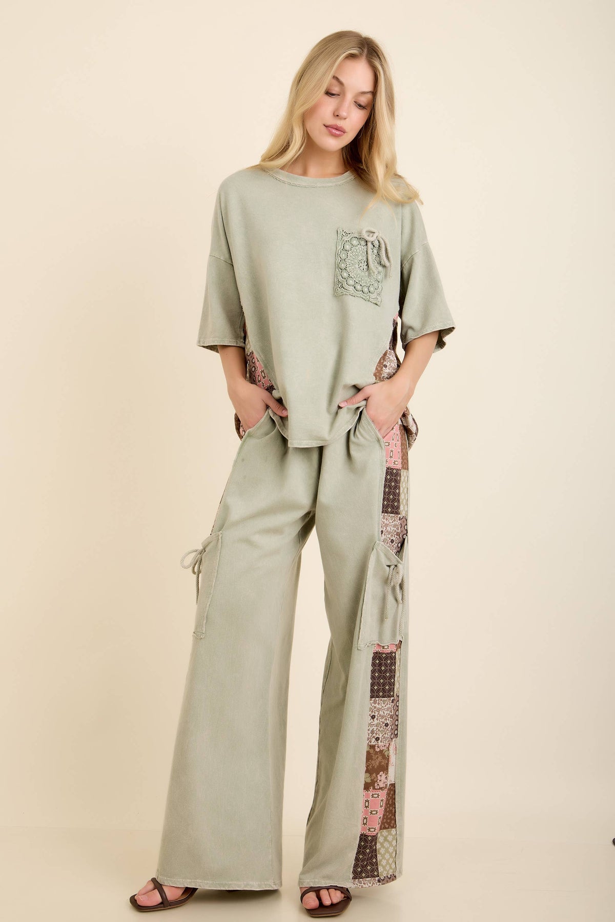 MineralWashed Fall Paisley Print Ribbon patch pants HP7023