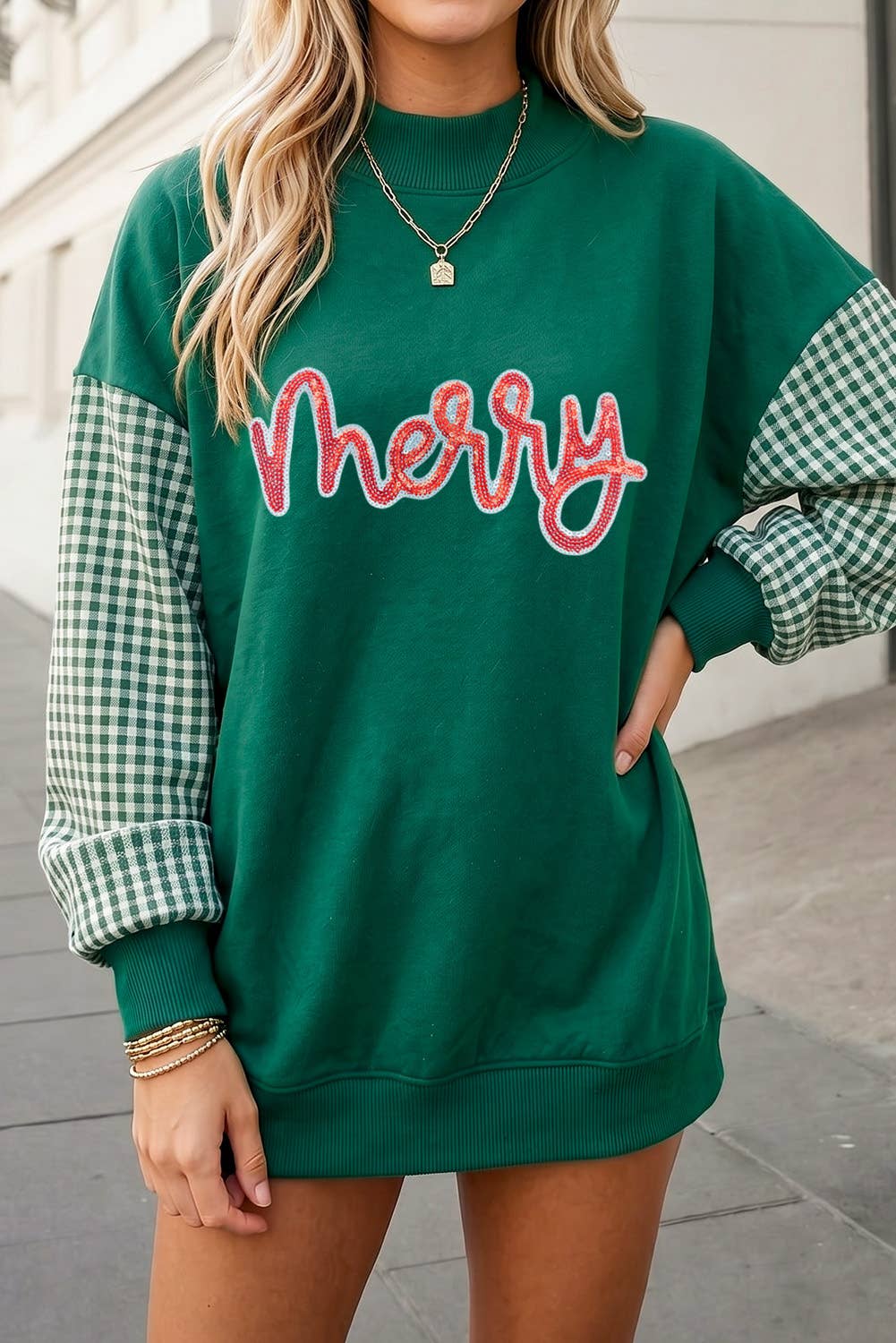 Merry Sequined Mockneck Graphic Sweatshirt  | S-XL
