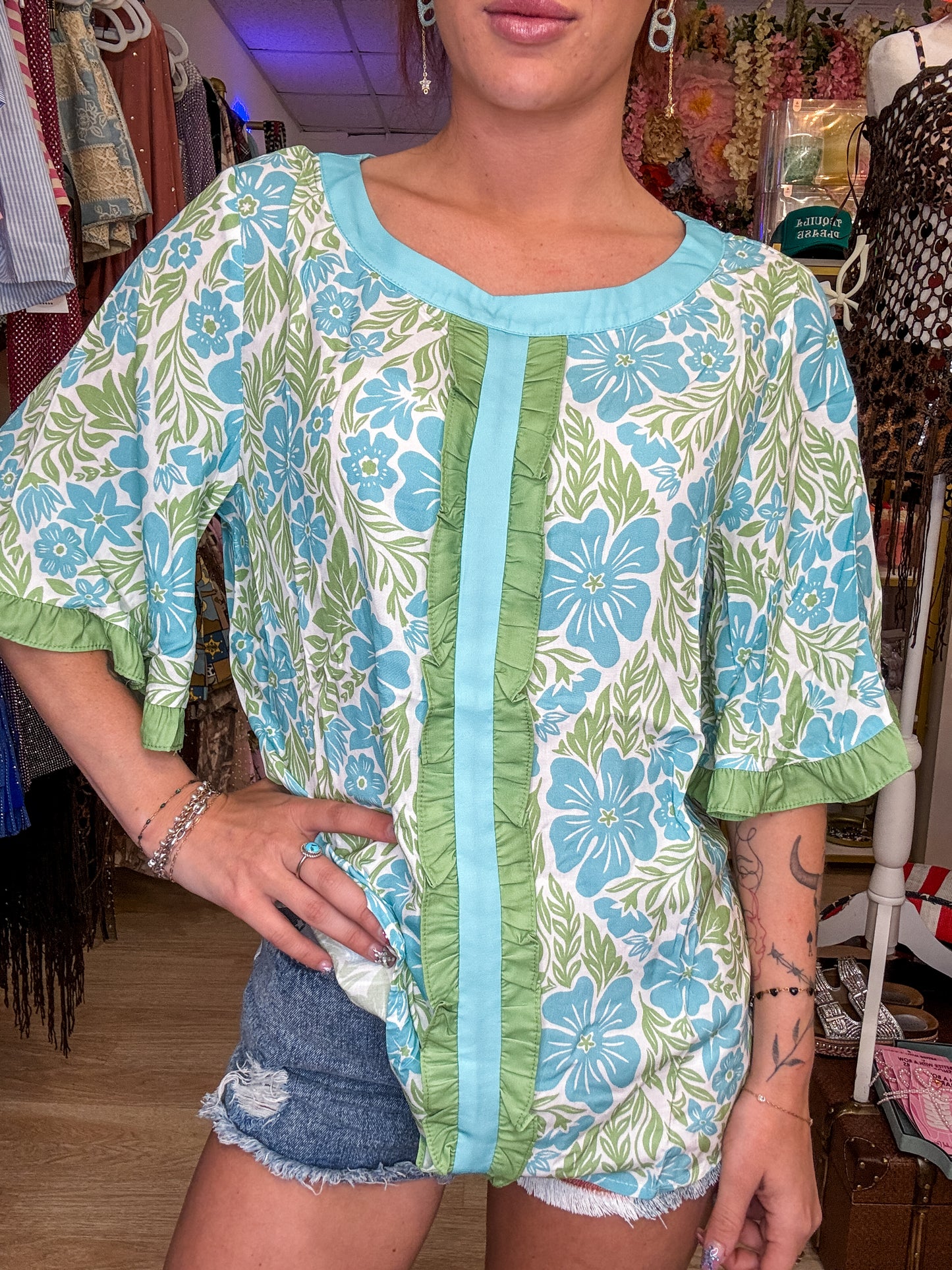 Floral Print Frill Contrast Trim S/S 26 Blouse | S-XL