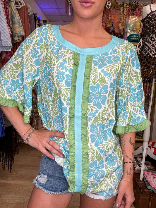 Floral Print Frill Contrast Trim S/S 26 Blouse | S-XL