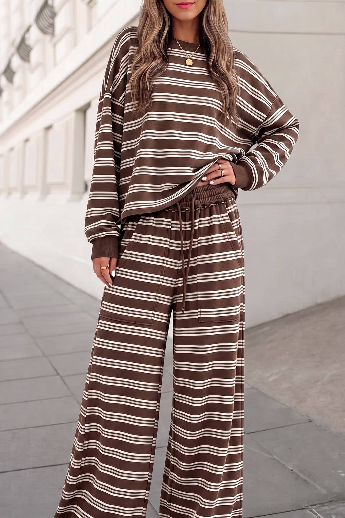 Striped Cutout Back Top &  Pants 2pcs Set FW26 | S-2XL