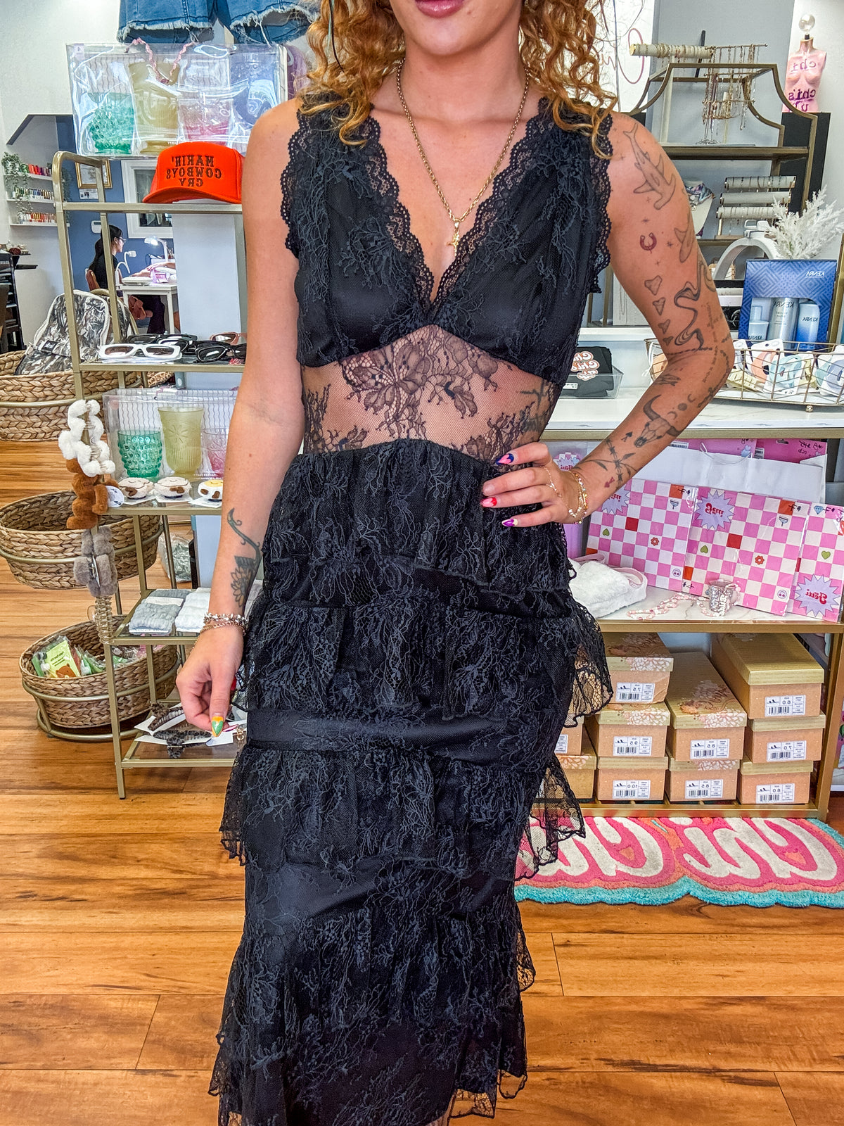 Sheer Lace Waist Tiered Ruffle Midi Dress