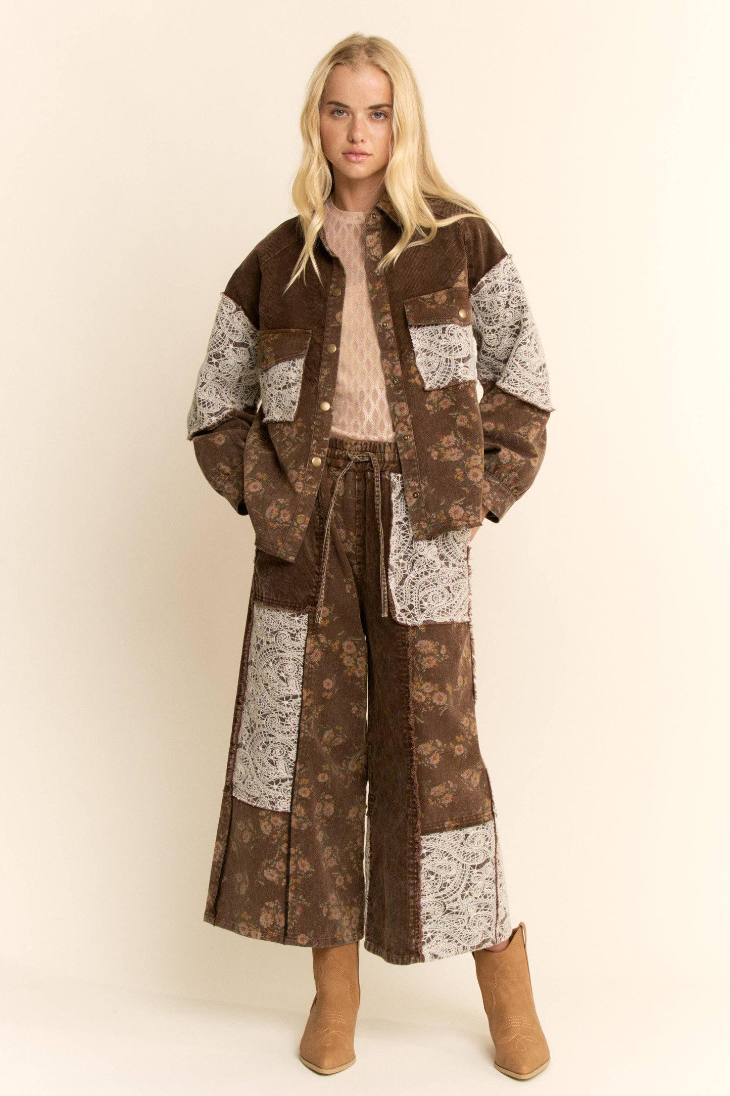 WASHED CORDUROY AND FLOWER DENIM PANTS