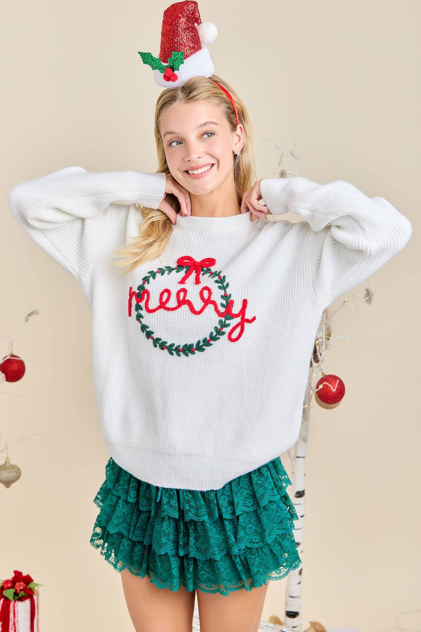Merry Wreath Knit Sweater with Red Bow – Holiday Pullover