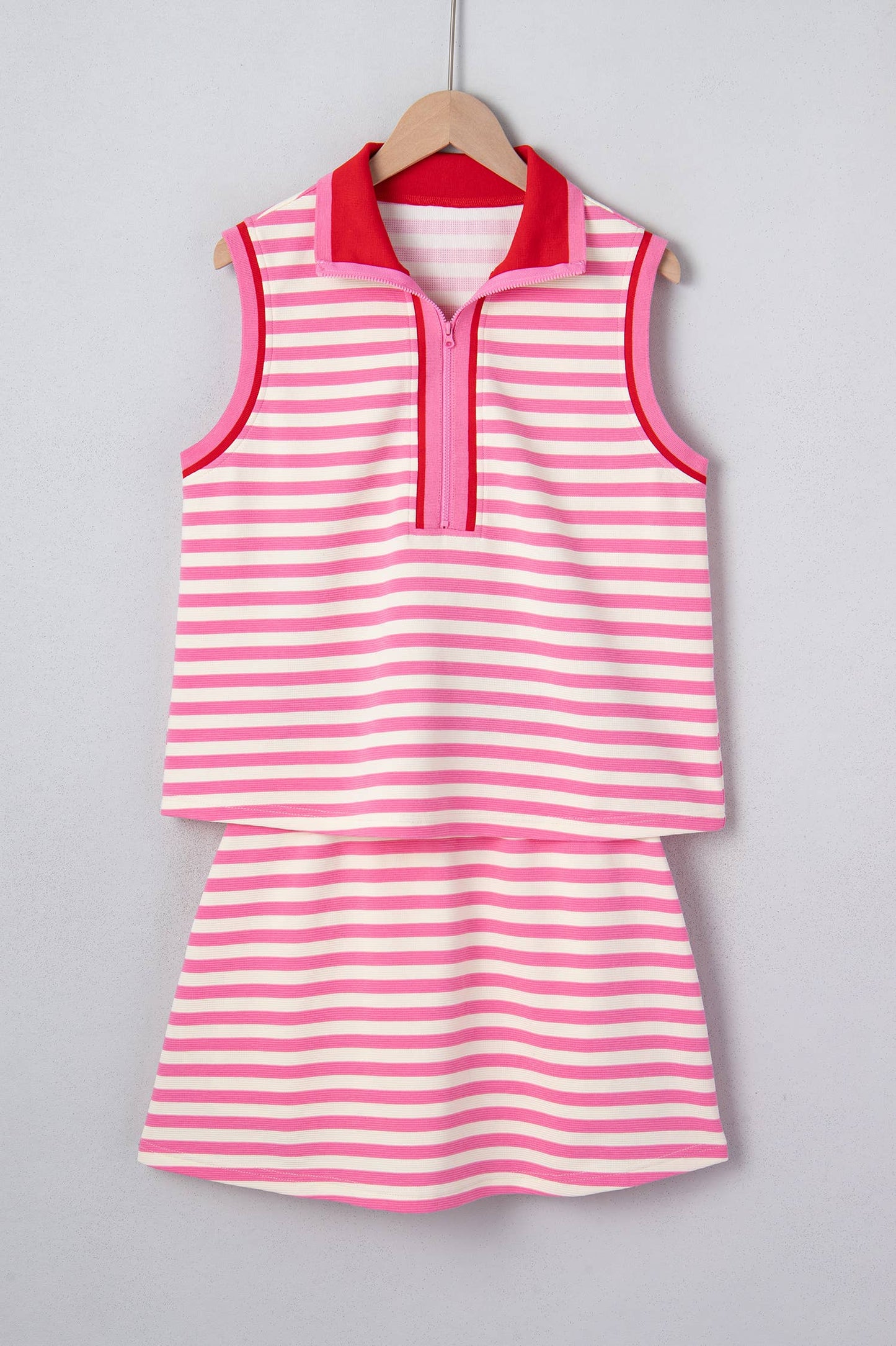 Textured Stripe Zip Collar Sleeveless 2pcs Skort Set
