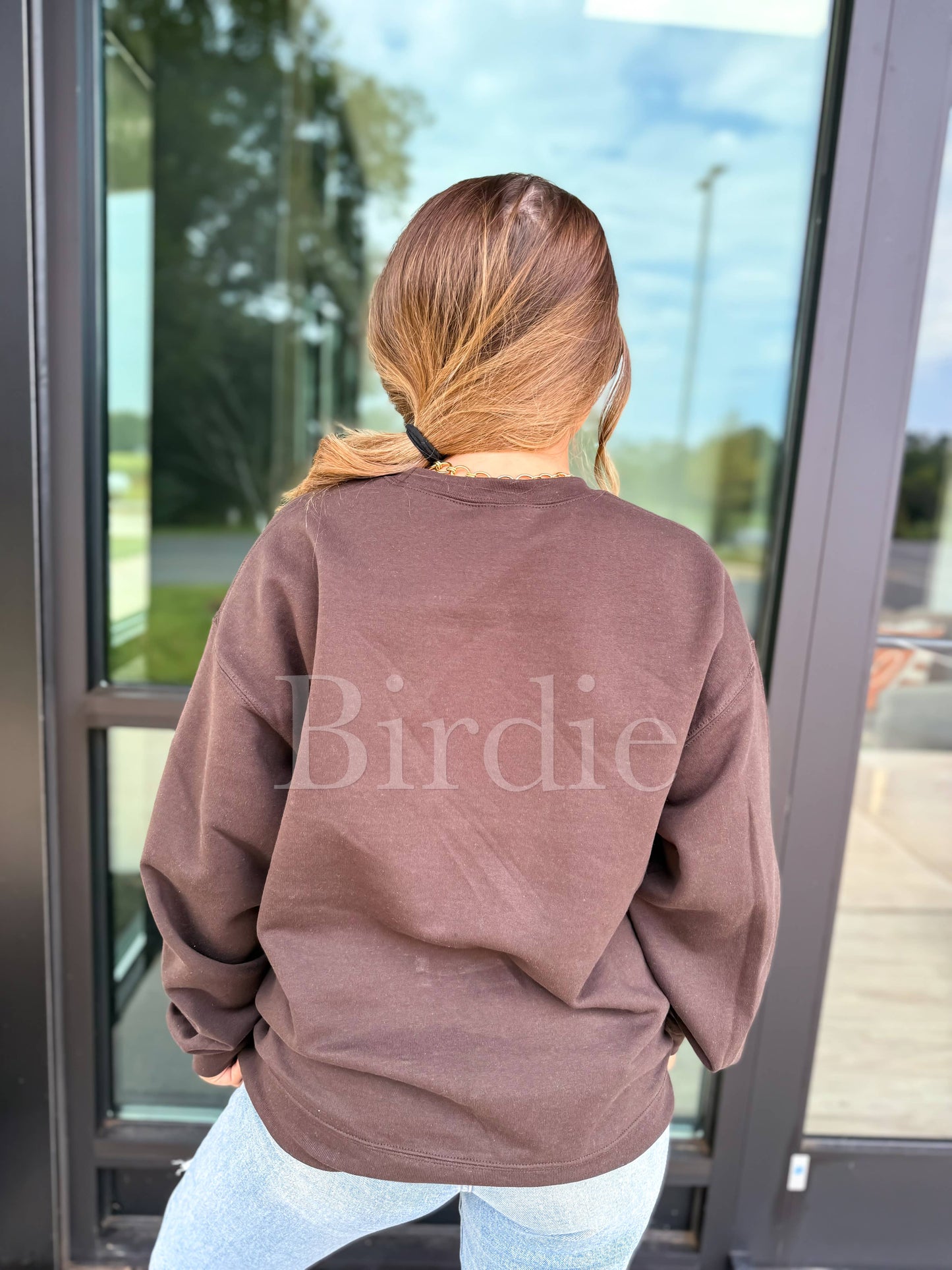 Camo Ghost Split Neck Graphic Crewneck on Dark Chocolate