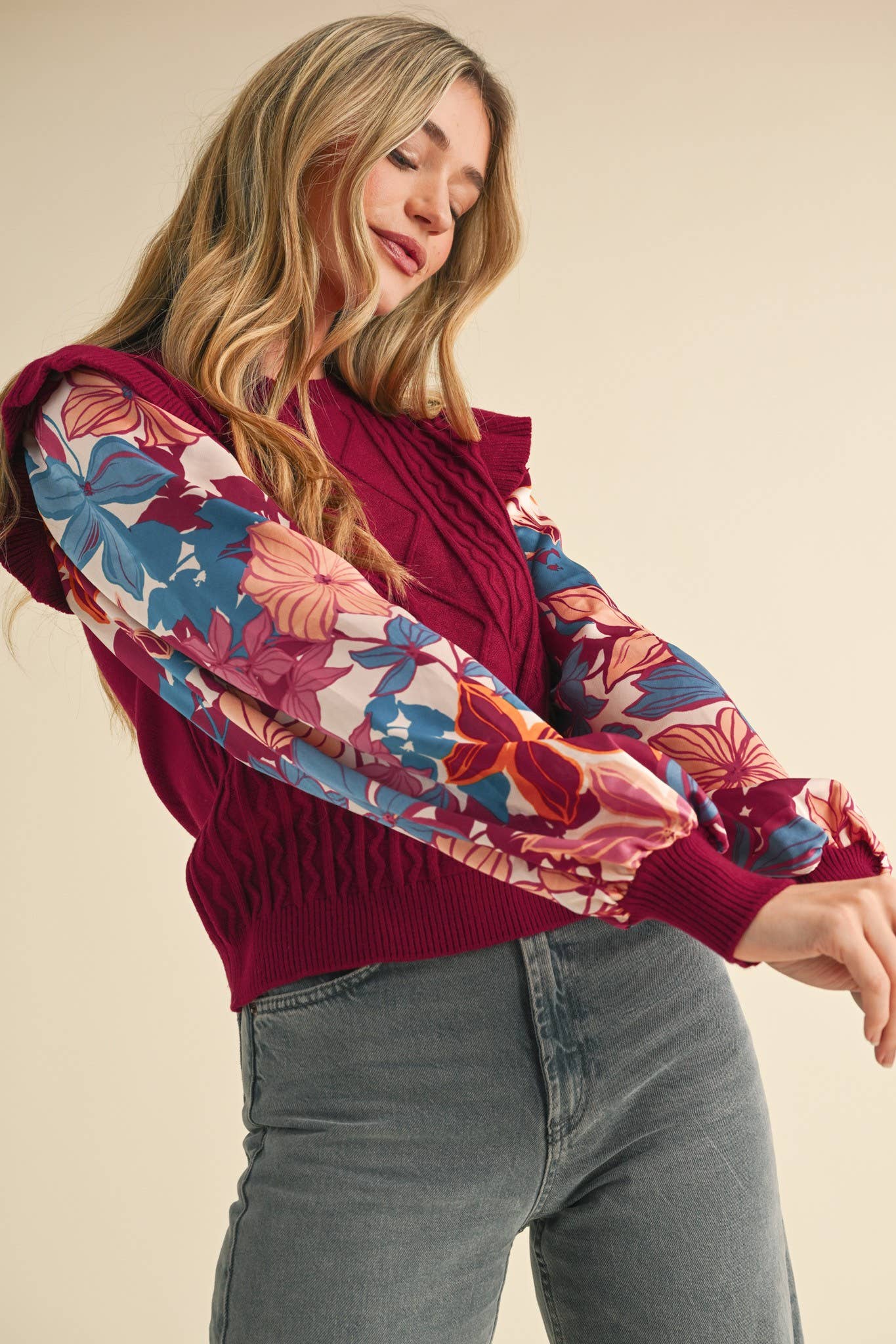 MIXED MEDIA SWEATER TOP WITH WOVEN SLEEVES MSW10749