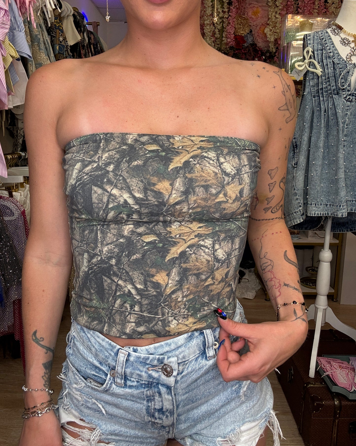 BAYOU Allover Dark Woodland Camo Strapless Tube Top