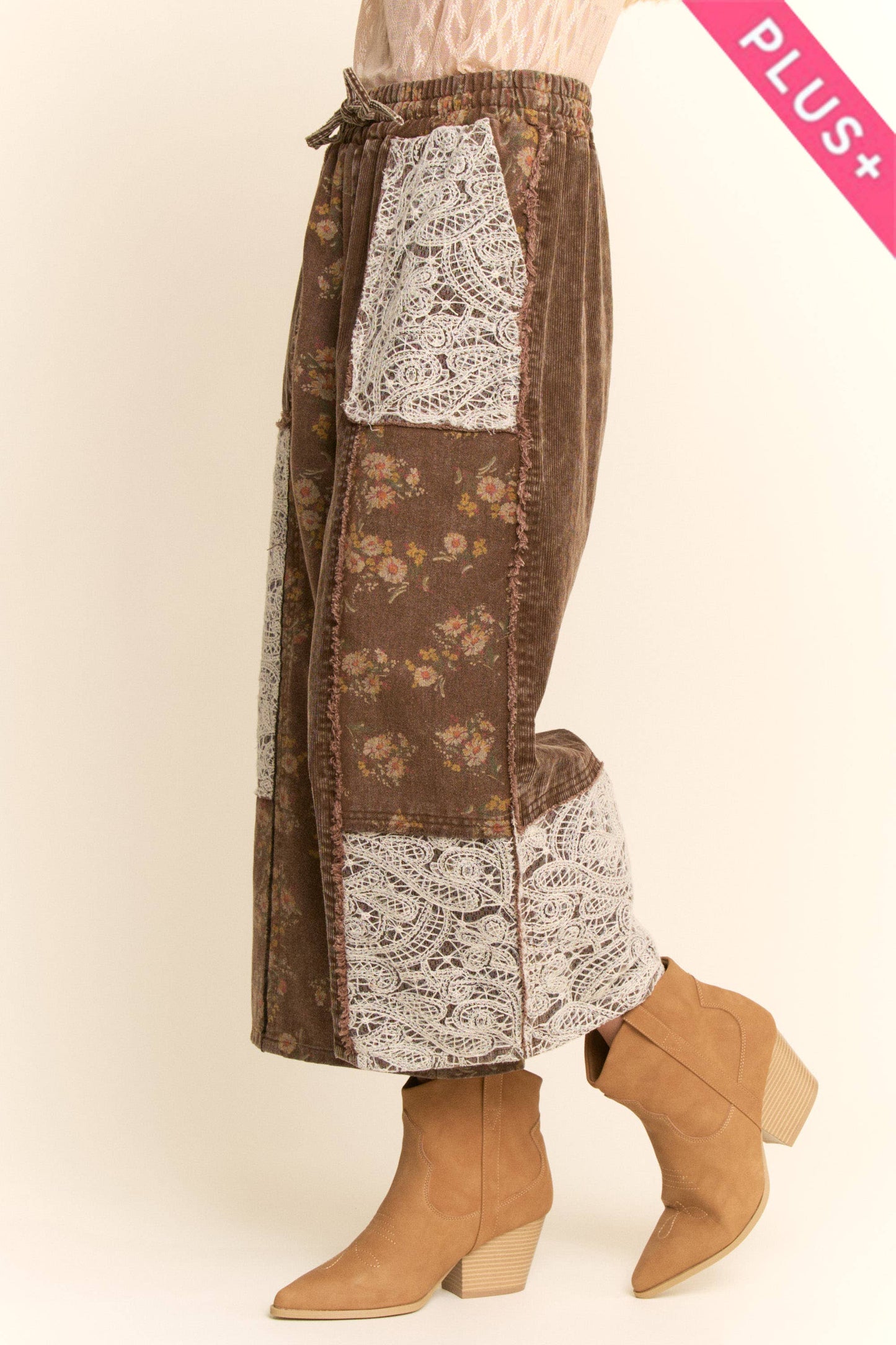 PLUS WASHED CORDUROY AND FLOWER DENIM PANTS