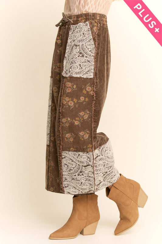 PLUS WASHED CORDUROY AND FLOWER DENIM PANTS