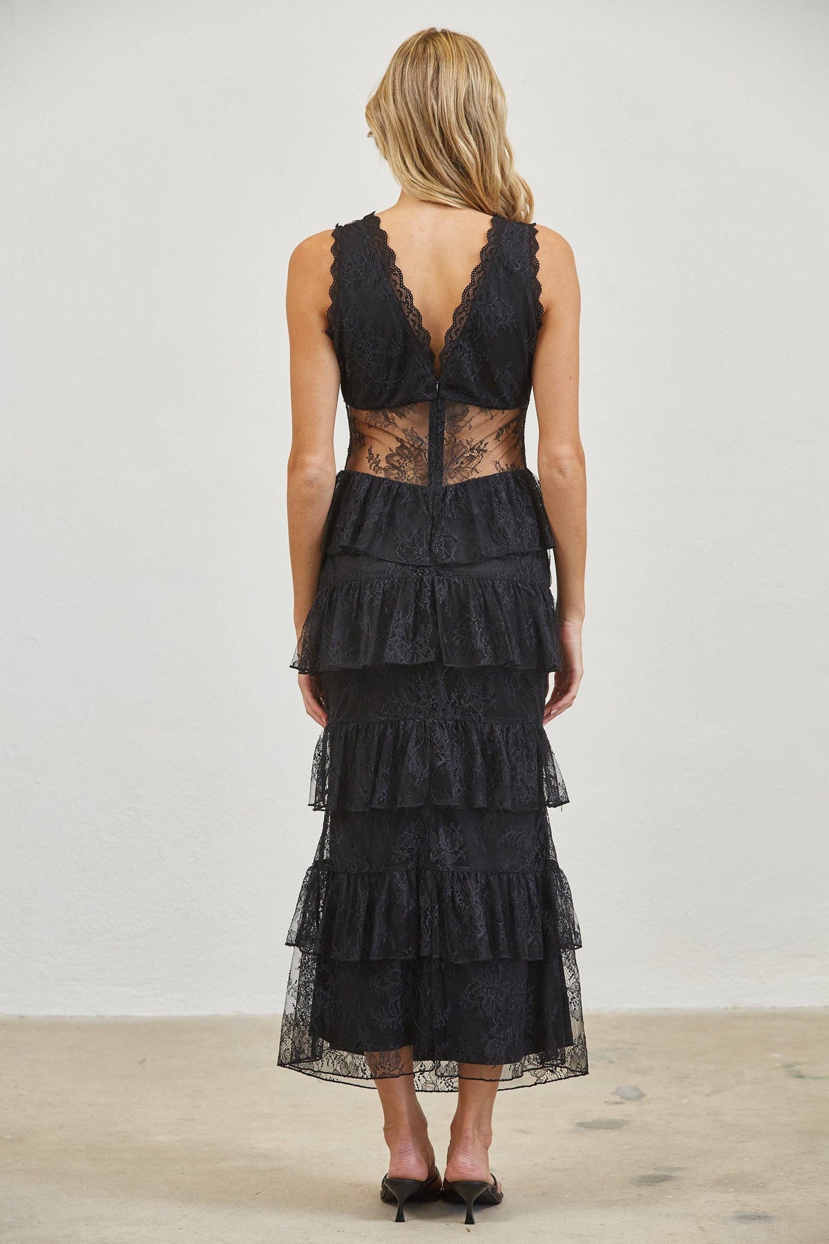 Sheer Lace Waist Tiered Ruffle Midi Dress