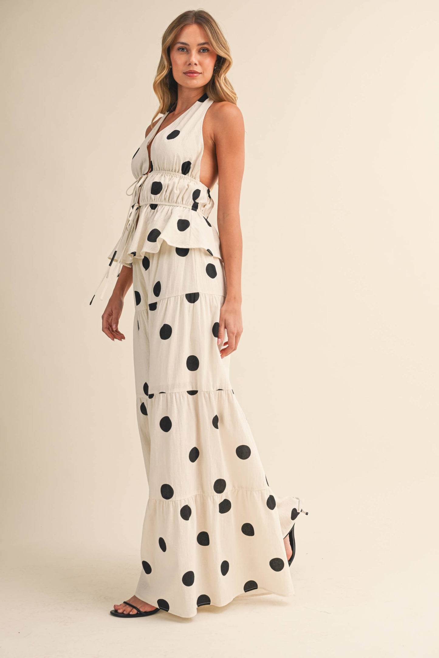 POLKADOT HALTER TIE-FRONT TOP & TIERED WIDE-LEG PANT