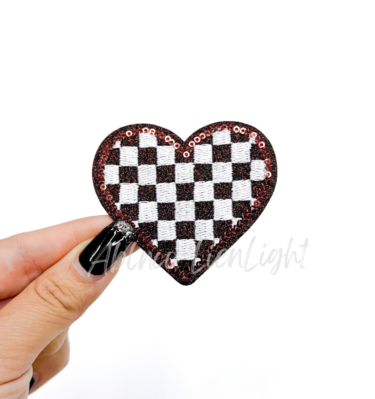 Maroon checkered heart embroidery glitter sequin patch