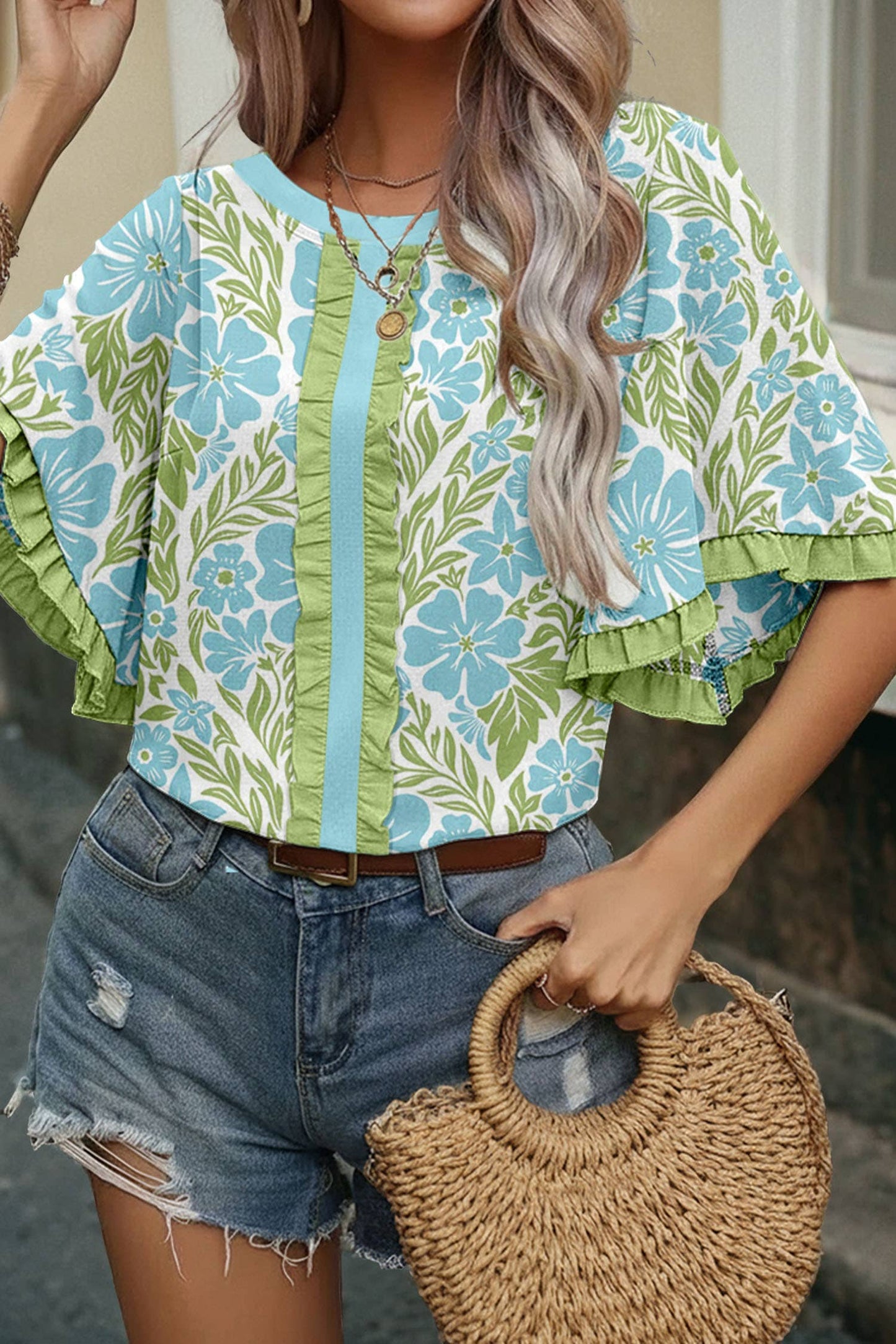 Floral Print Frill Contrast Trim S/S 26 Blouse | S-XL