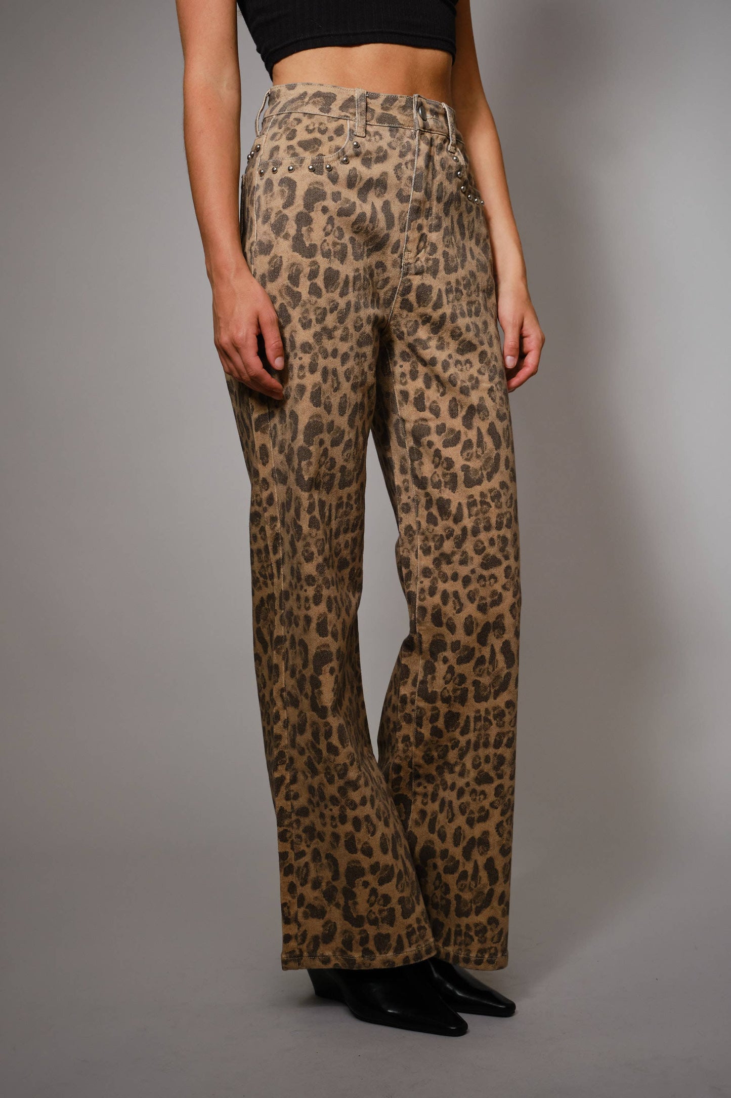 91605P - Washed Leopard Print Stud Pants