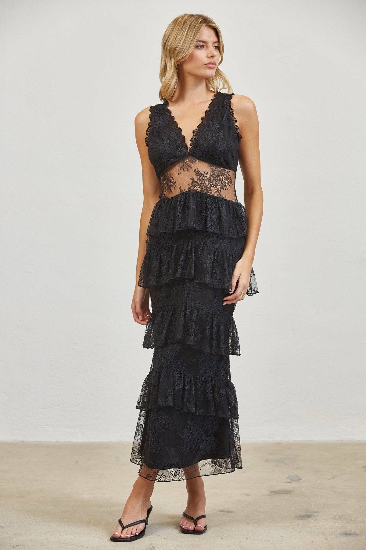 Sheer Lace Waist Tiered Ruffle Midi Dress