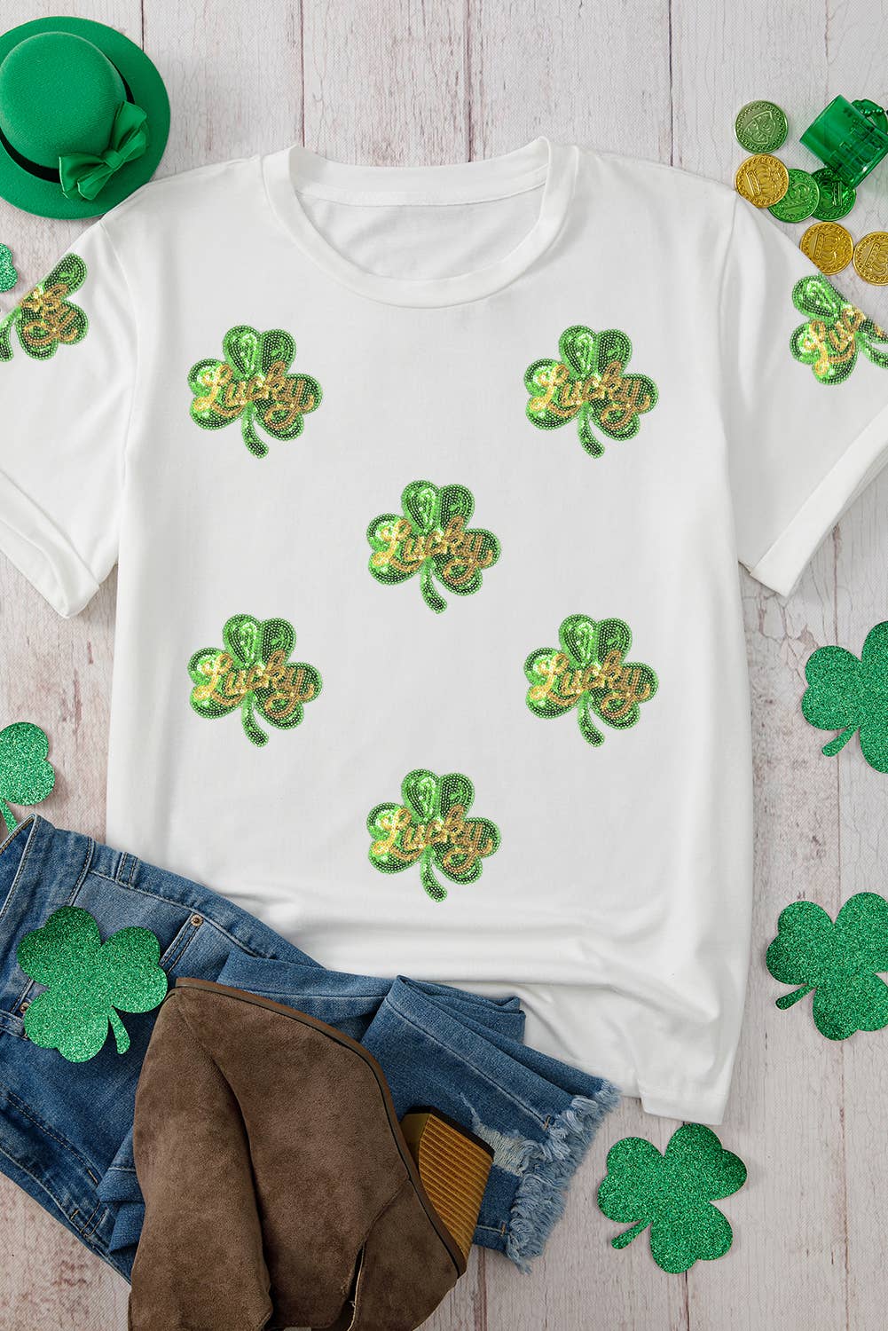 St. Patrick Sequin Clover Graphic Patched Tee | S-3XL