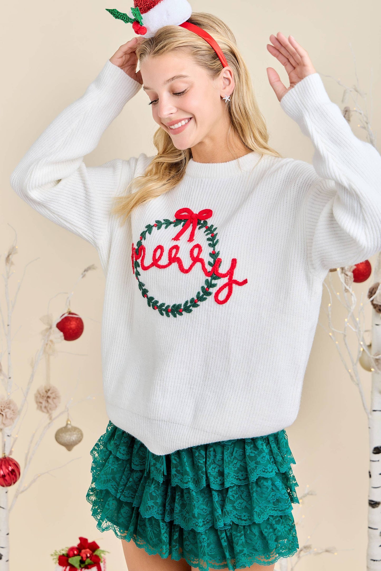 Merry Wreath Knit Sweater with Red Bow – Holiday Pullover