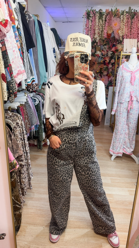 Leopard Print Straight Leg Denim Overalls