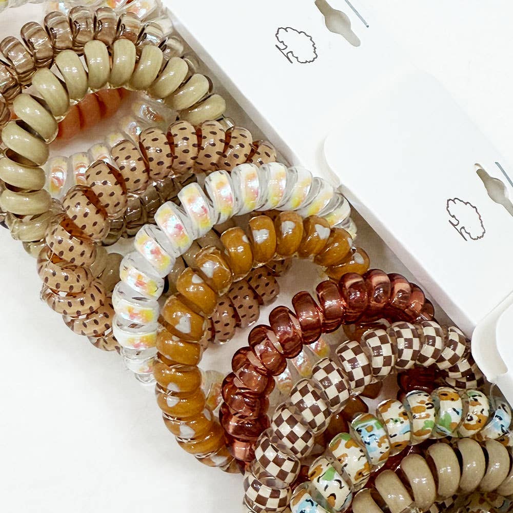 Brown Tone Multi Design Spiral Hair Ties