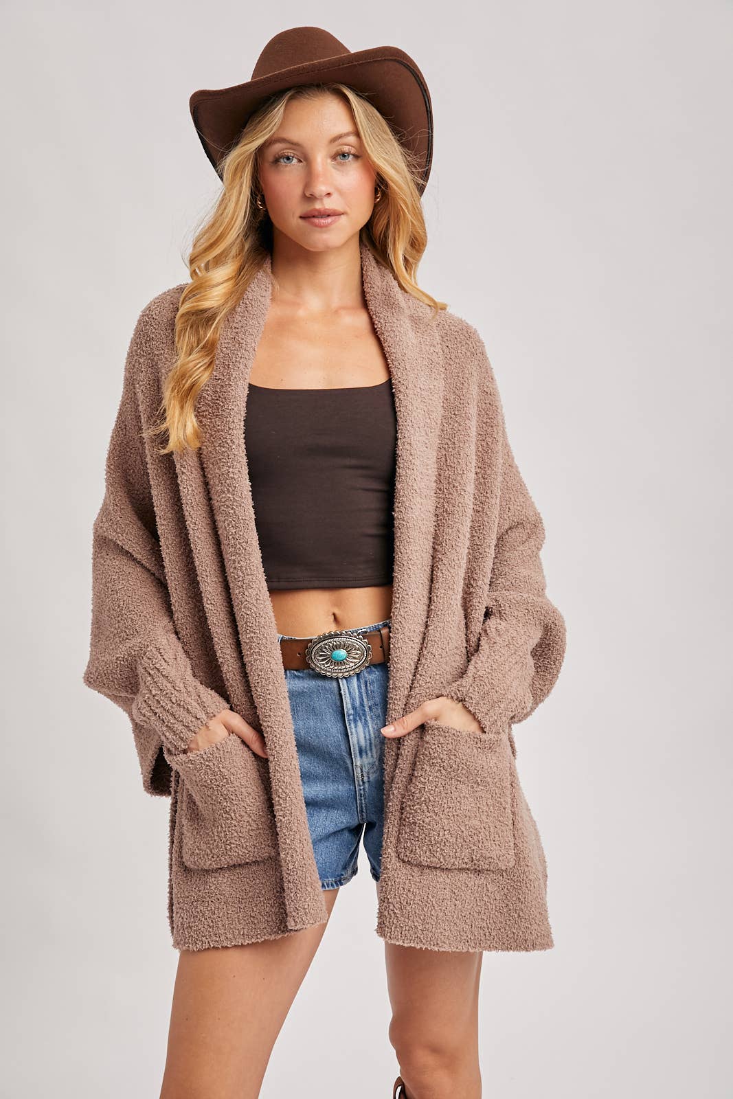 OPEN FRONT BLANKET WRAP BOUCLE KNIT SWEATER CARDIGAN
