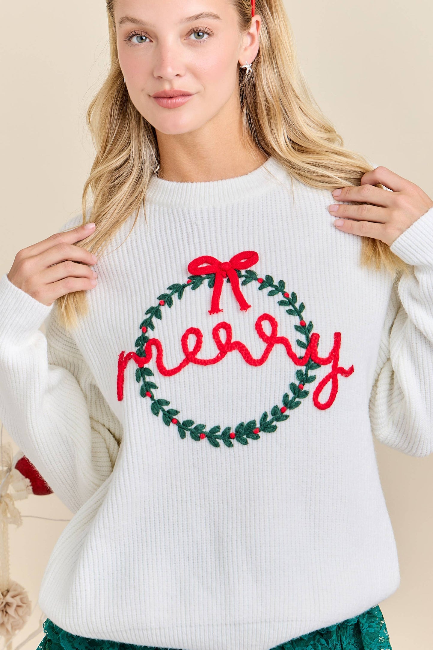 Merry Wreath Knit Sweater with Red Bow – Holiday Pullover