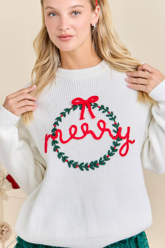 Merry Wreath Knit Sweater with Red Bow – Holiday Pullover