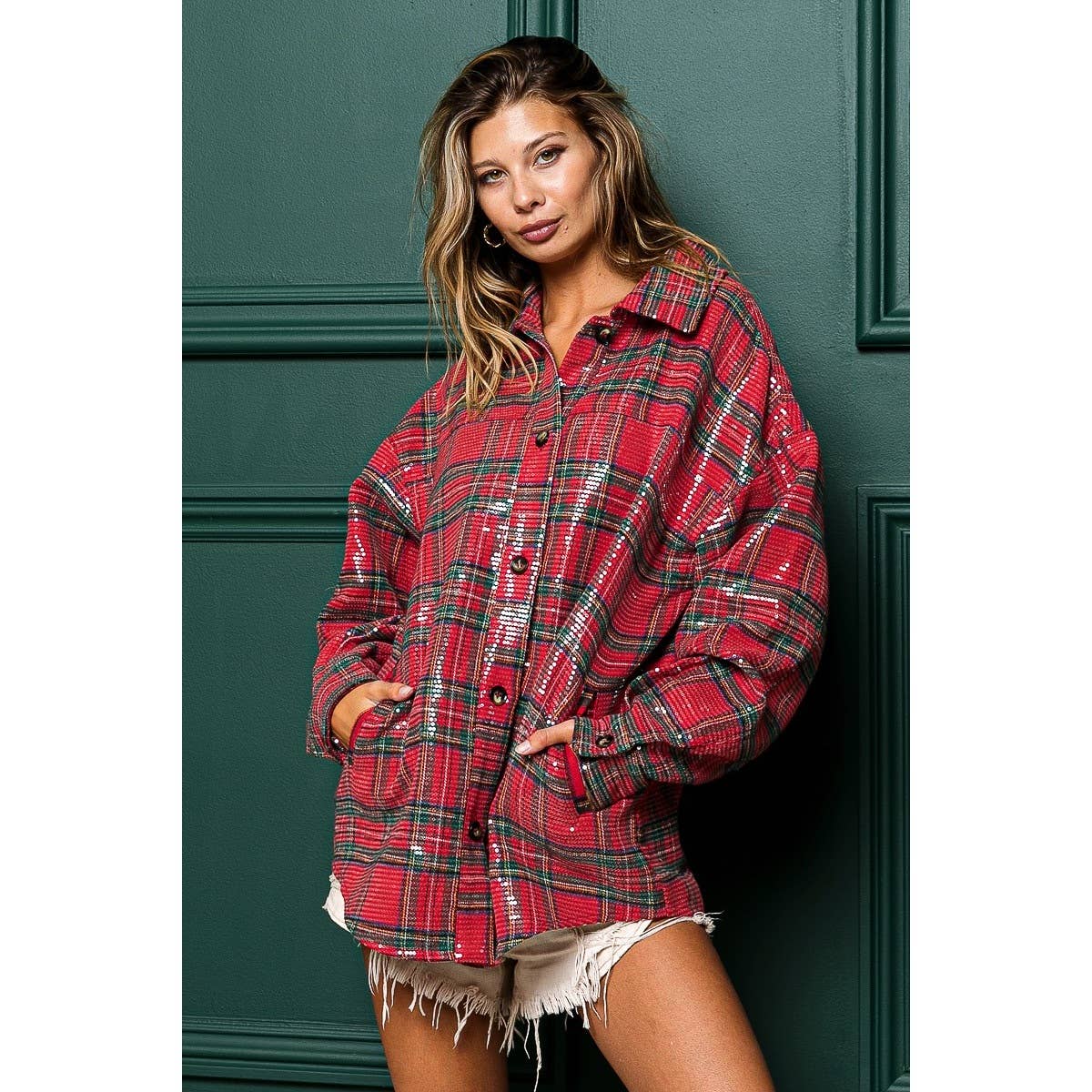 CLEAR SEQUIN PLAID CHRISTMAS SHIRT