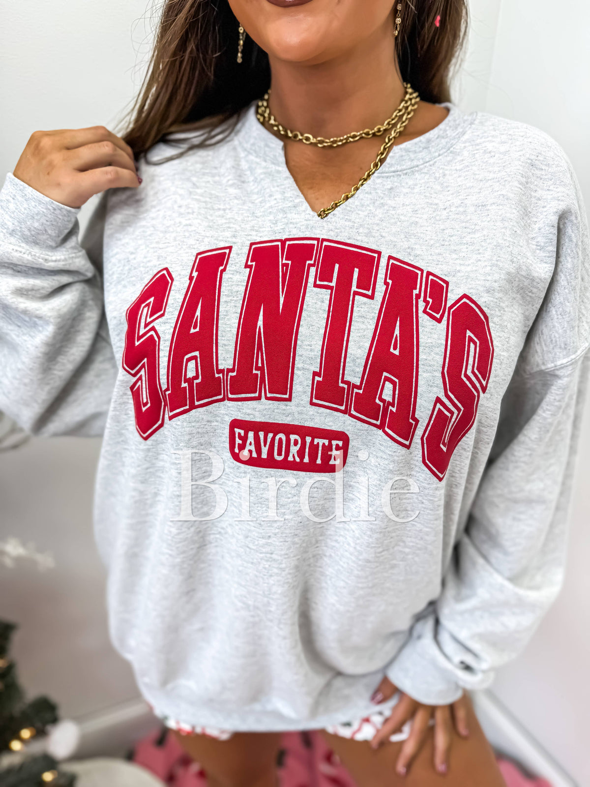 Santa's Favorite Graphic Split Neck Crewneck on Ash Gray