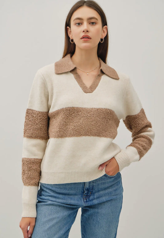 Striped Fuzzy Collared Sweater