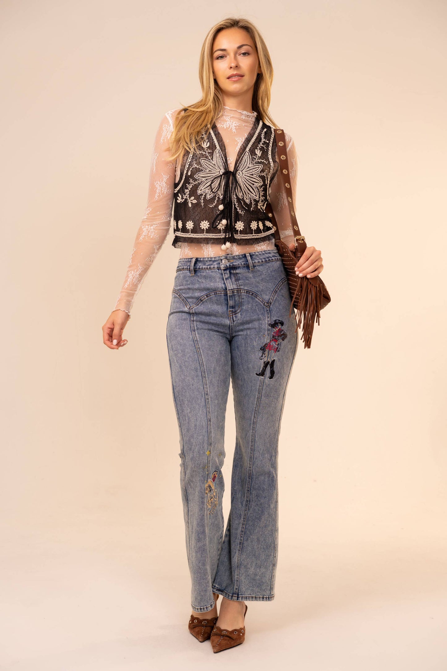 Beaded Tie Front Mesh Vest