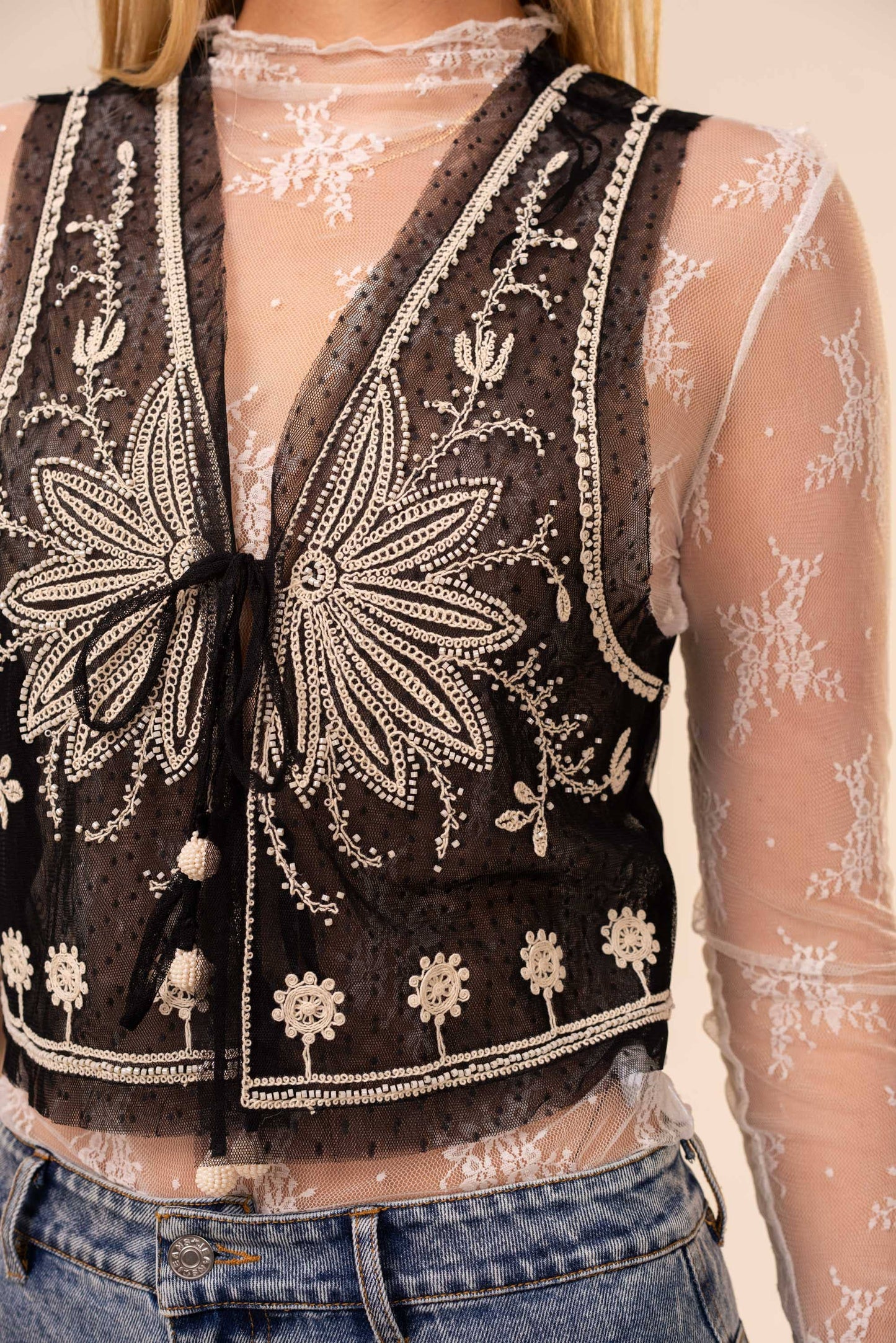 Beaded Tie Front Mesh Vest