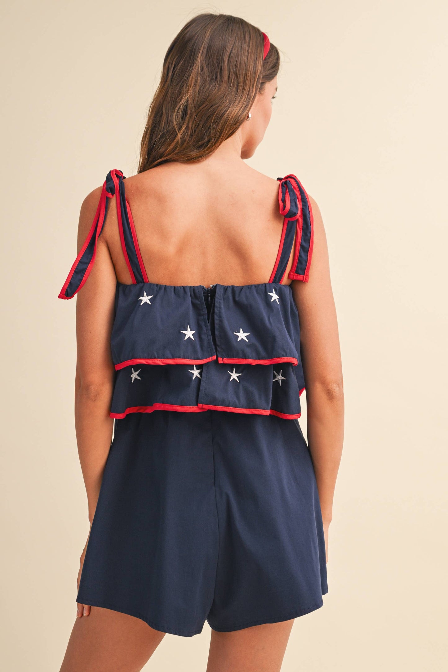 STAR EMBROIDERED RUFFLE TIE SHOULDER ROMPER