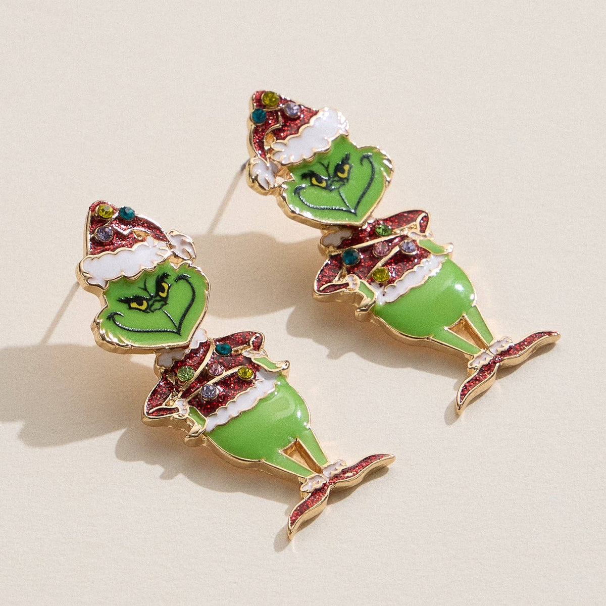 Enamel Green Monster Drop Earrings | Glitter Holiday Character