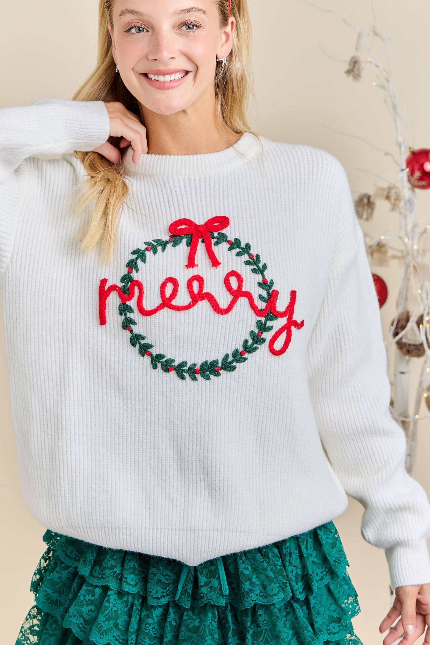 Merry Wreath Knit Sweater with Red Bow – Holiday Pullover