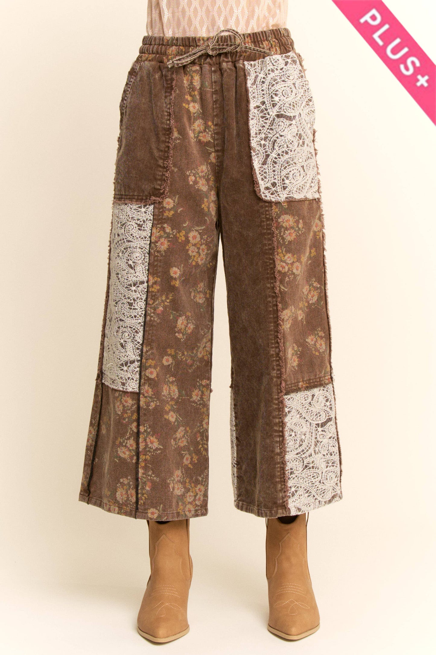 PLUS WASHED CORDUROY AND FLOWER DENIM PANTS