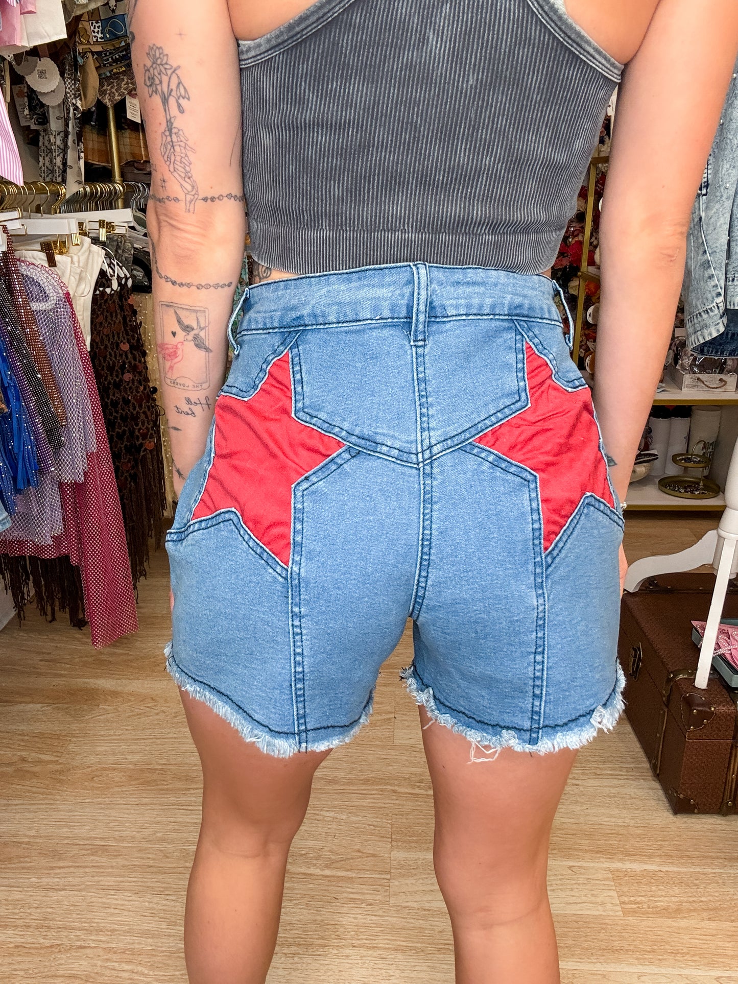 STAR SUEDE CUT OUT DENIM SHORTS