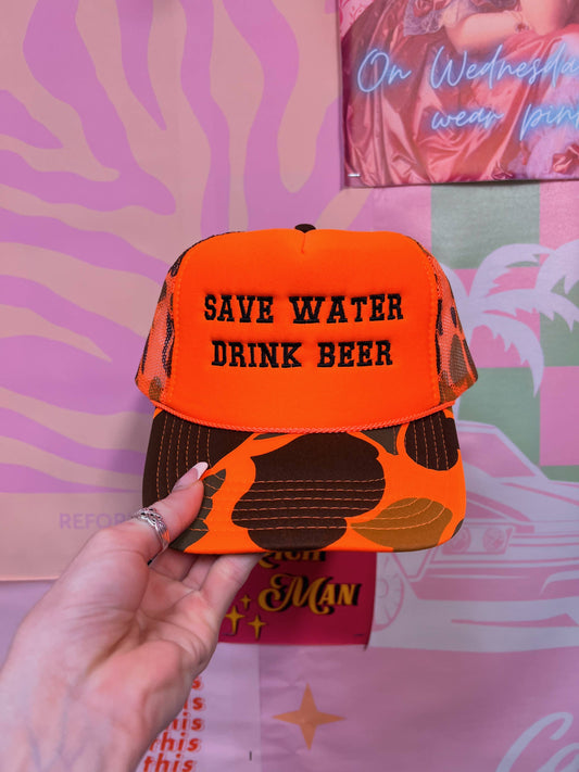Save Water Drink Beer Trucker Hat: Embroidery